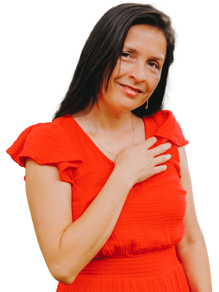 Foto de Consuelo con un vestido rojo